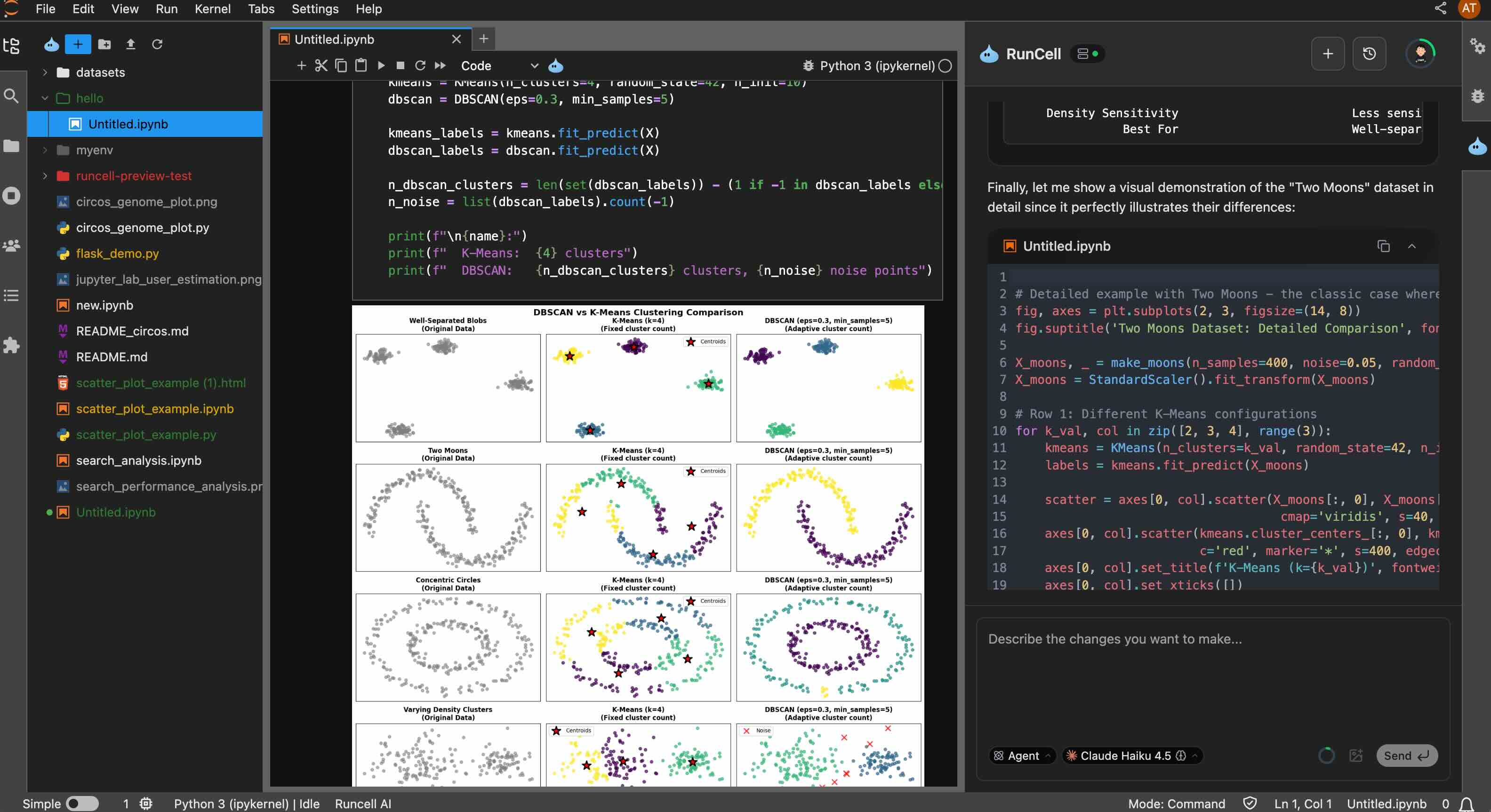RunCell agent panel next to a Jupyter notebook: it wrote the plotting code, ran the cell and shows the resulting chart